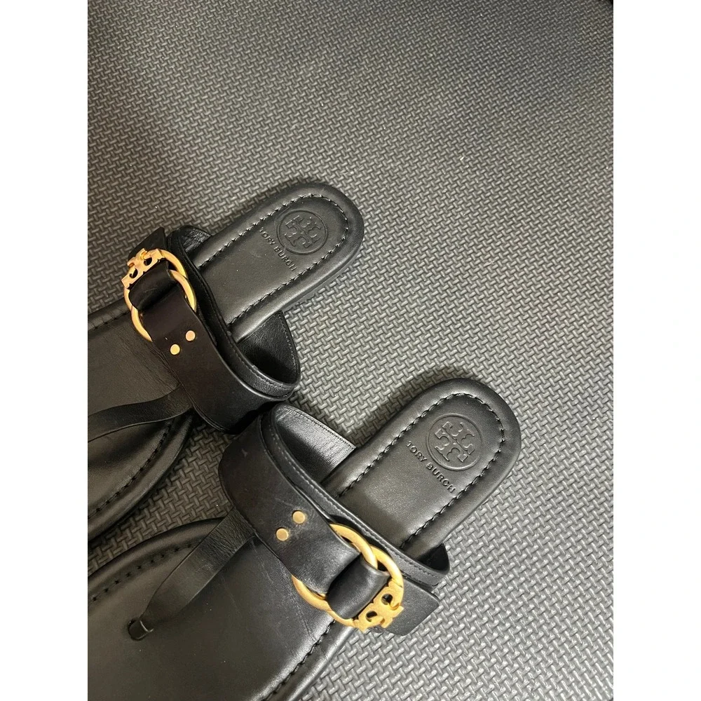 Tory Burch Thong Sandals Women Size 5 Black Leather Gold Buckle Logo Flat